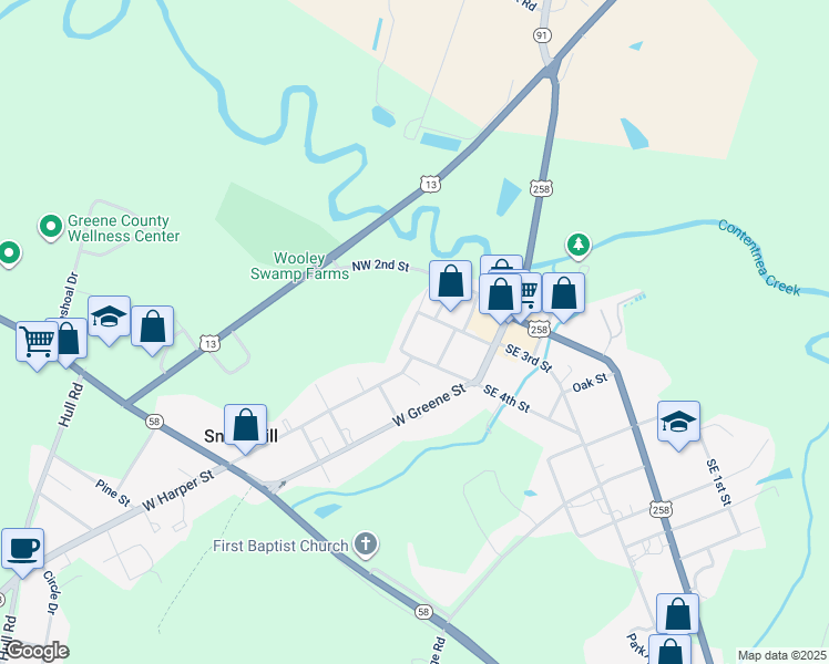 map of restaurants, bars, coffee shops, grocery stores, and more near 105 North Harper Street in Snow Hill