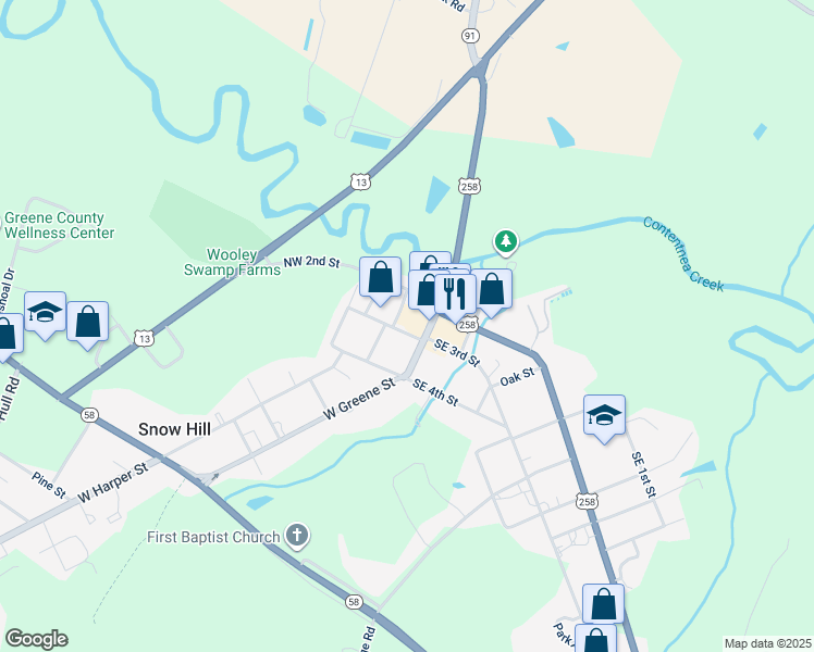 map of restaurants, bars, coffee shops, grocery stores, and more near 109 Northwest 3rd Street in Snow Hill
