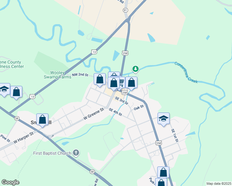 map of restaurants, bars, coffee shops, grocery stores, and more near 209 North Greene Street in Snow Hill