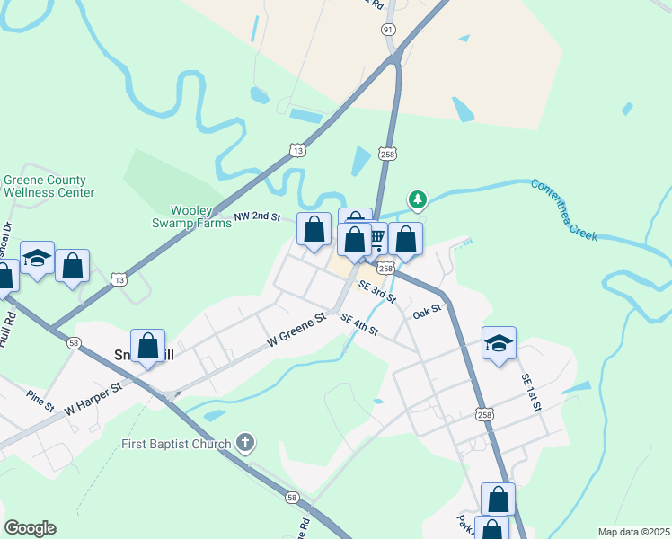 map of restaurants, bars, coffee shops, grocery stores, and more near 109 Northwest 3rd Street in Snow Hill