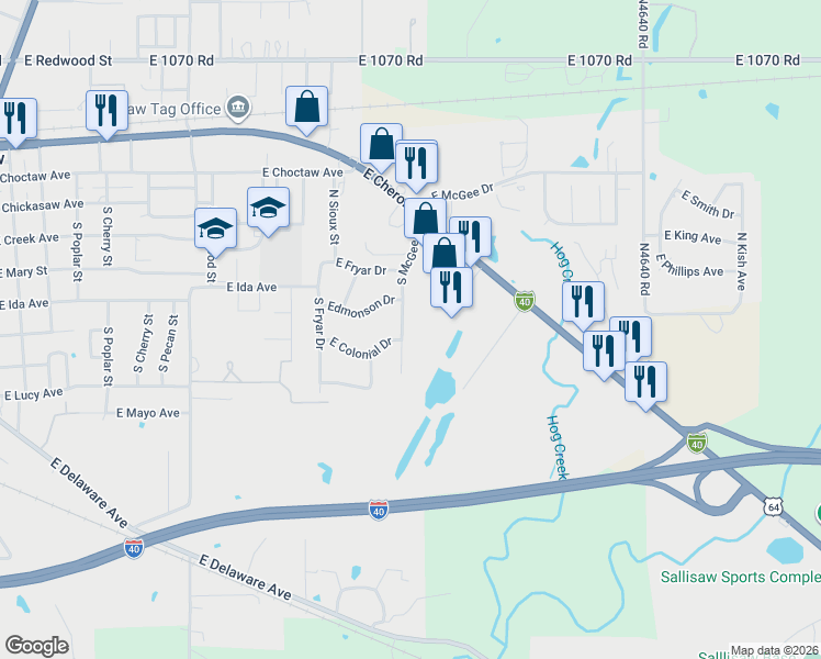 map of restaurants, bars, coffee shops, grocery stores, and more near 403 South McGee Drive in Sallisaw