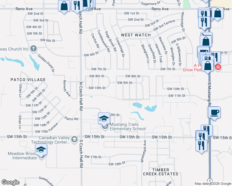 map of restaurants, bars, coffee shops, grocery stores, and more near 11933 Southwest 9th Street in Yukon