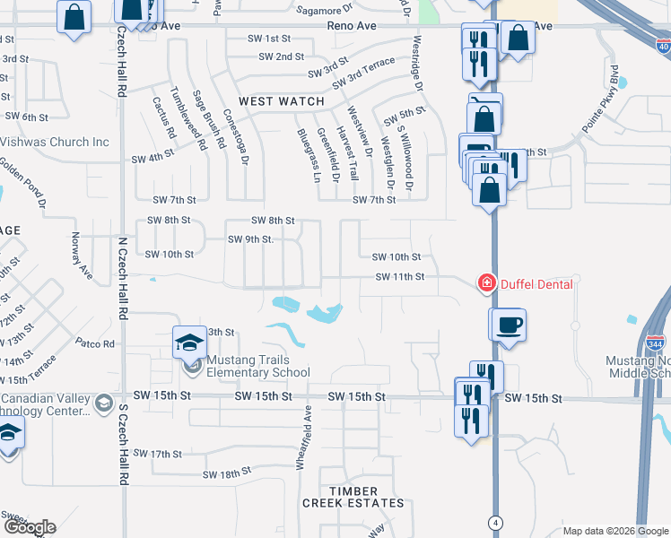 map of restaurants, bars, coffee shops, grocery stores, and more near 1013 Greenfield Avenue in Yukon