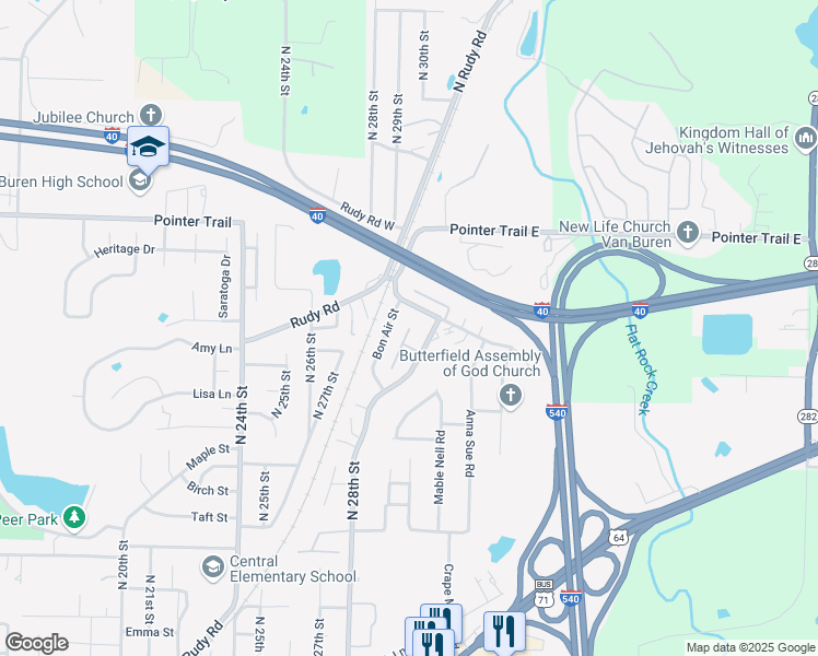 map of restaurants, bars, coffee shops, grocery stores, and more near 1405 Shadowalk Drive in Van Buren