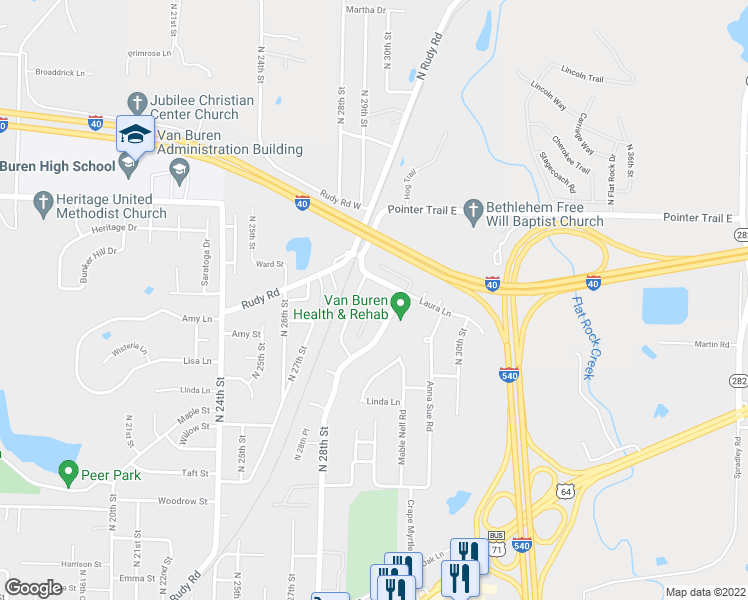 map of restaurants, bars, coffee shops, grocery stores, and more near 1411 Shadowalk Drive in Van Buren