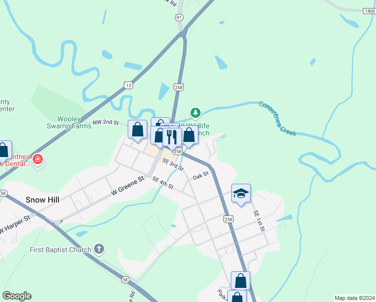 map of restaurants, bars, coffee shops, grocery stores, and more near 212 Southeast 2nd Street in Snow Hill