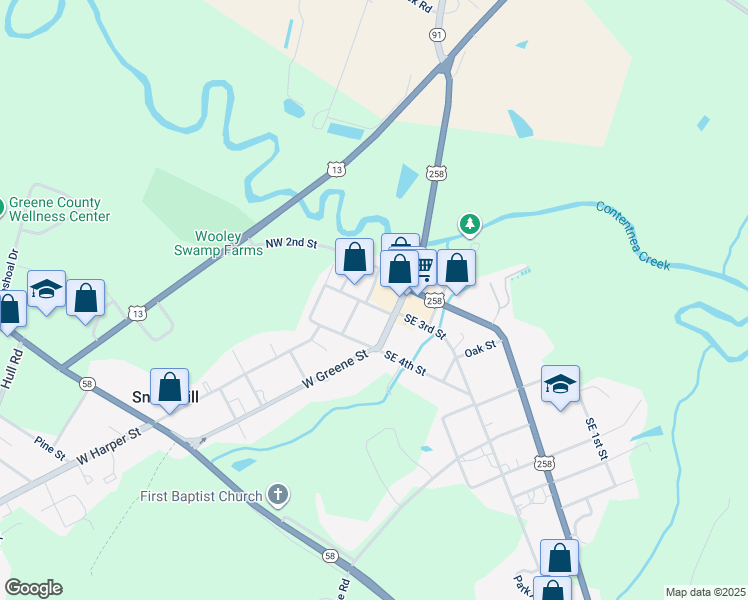 map of restaurants, bars, coffee shops, grocery stores, and more near 111 Northwest 3rd Street in Snow Hill