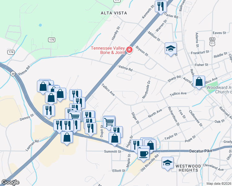 map of restaurants, bars, coffee shops, grocery stores, and more near 1809 Velma Road in Athens
