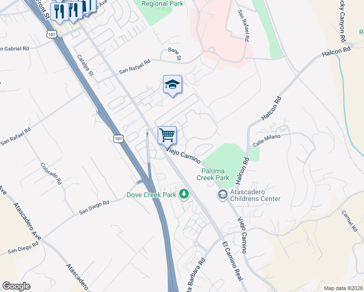 map of restaurants, bars, coffee shops, grocery stores, and more near 9309 Bocina Lane in Atascadero