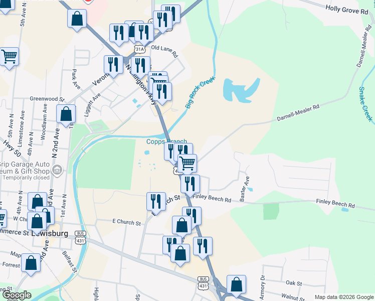 map of restaurants, bars, coffee shops, grocery stores, and more near 460 North Ellington Parkway in Lewisburg