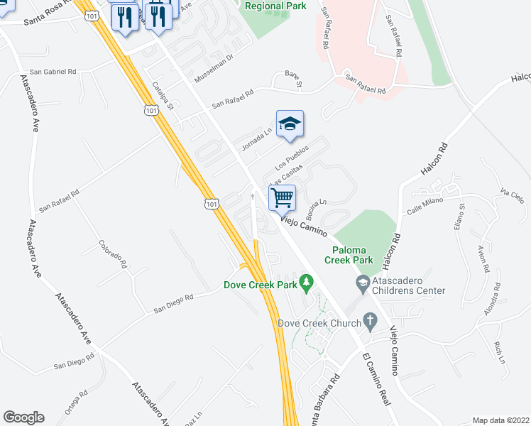 map of restaurants, bars, coffee shops, grocery stores, and more near 9180 Seville Lane in Atascadero
