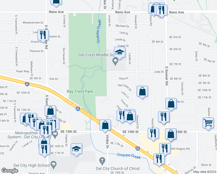 map of restaurants, bars, coffee shops, grocery stores, and more near 905 Vickie Drive in Del City