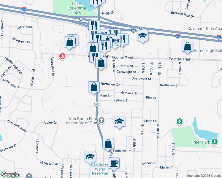 map of restaurants, bars, coffee shops, grocery stores, and more near 504 Northview Drive in Van Buren