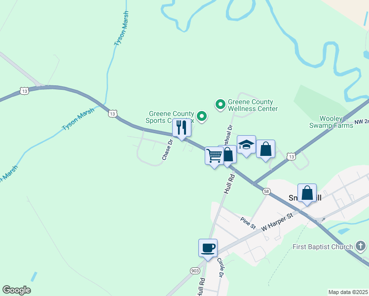 map of restaurants, bars, coffee shops, grocery stores, and more near Perry Drive in Snow Hill