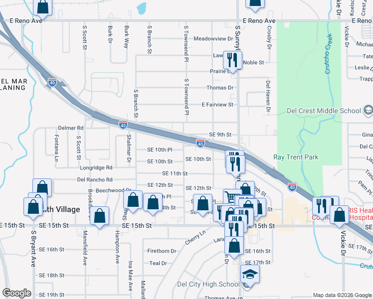 map of restaurants, bars, coffee shops, grocery stores, and more near 4000 Southeast 10th Place in Del City