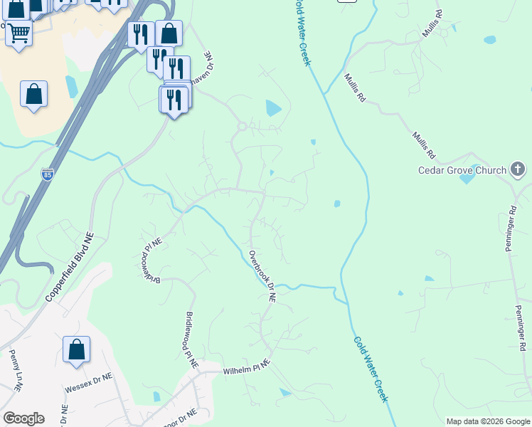 map of restaurants, bars, coffee shops, grocery stores, and more near 100 Bridlewood Place Northeast in Concord