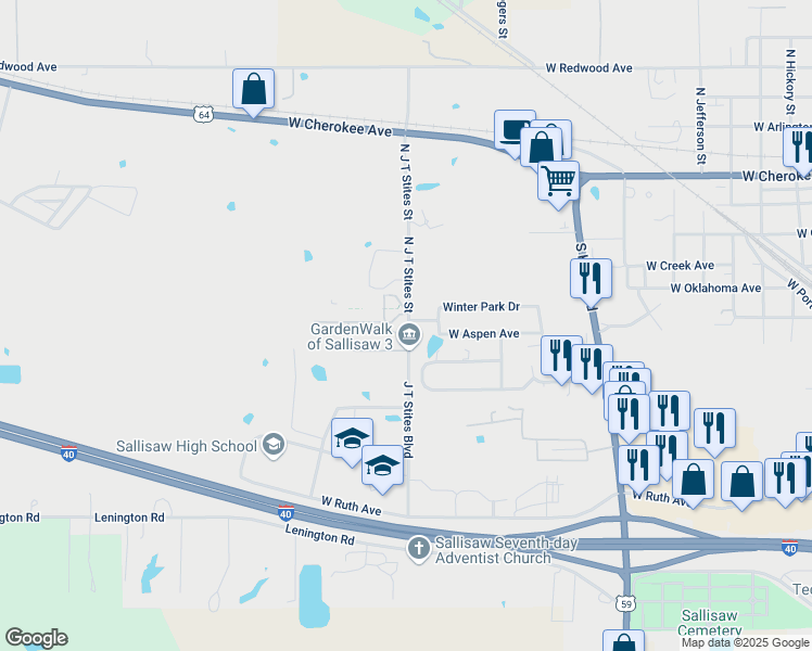 map of restaurants, bars, coffee shops, grocery stores, and more near 2103 Winter Park Drive in Sallisaw