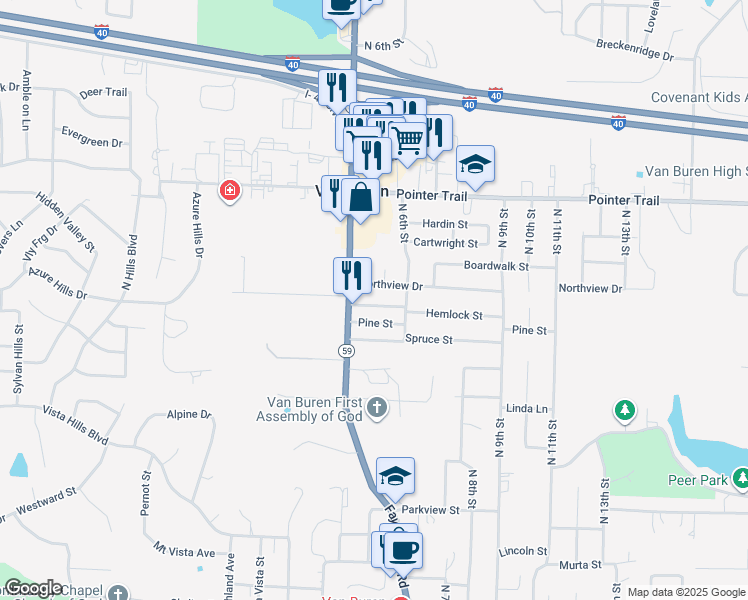 map of restaurants, bars, coffee shops, grocery stores, and more near 408 Northview Drive in Van Buren