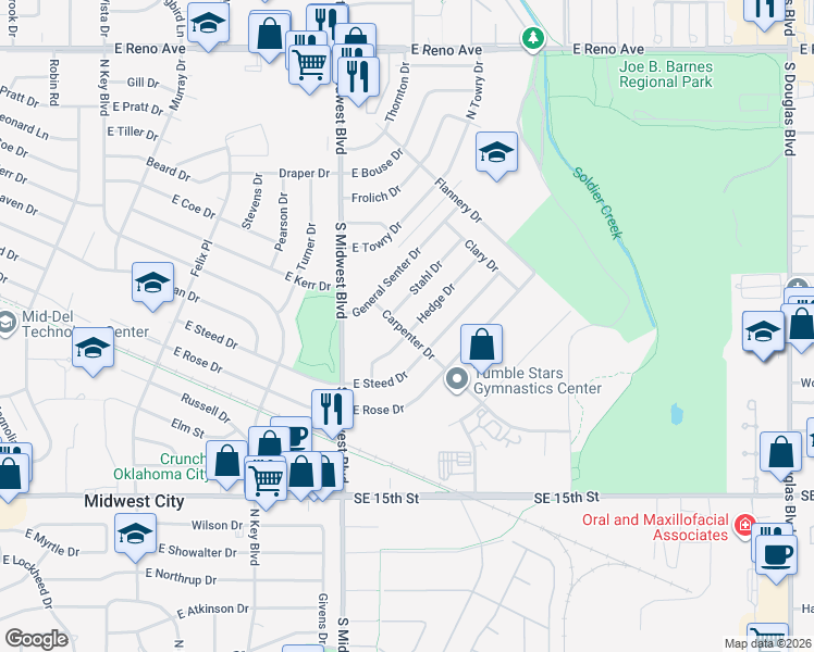 map of restaurants, bars, coffee shops, grocery stores, and more near 701 Hedge Drive in Midwest City