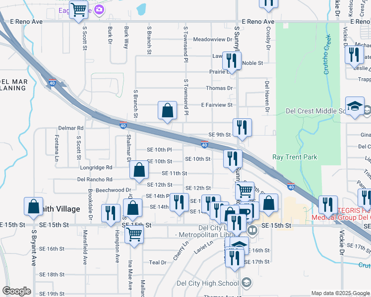 map of restaurants, bars, coffee shops, grocery stores, and more near 4000 Southeast 10th Place in Del City
