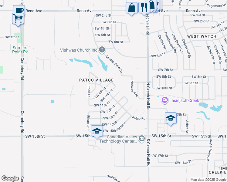 map of restaurants, bars, coffee shops, grocery stores, and more near 12273 Southwest 10th Street in Yukon