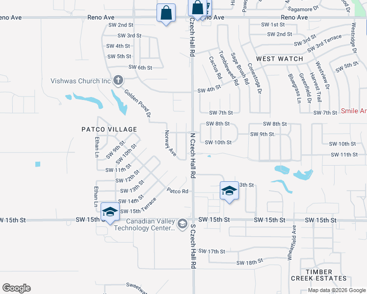 map of restaurants, bars, coffee shops, grocery stores, and more near 1101 Denmark Street in Yukon