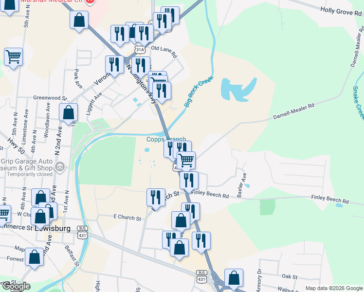 map of restaurants, bars, coffee shops, grocery stores, and more near 460 North Ellington Parkway in Lewisburg