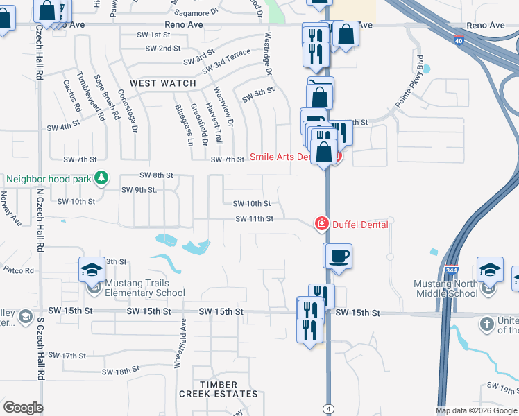 map of restaurants, bars, coffee shops, grocery stores, and more near 11613 Southwest 10th Street in Yukon