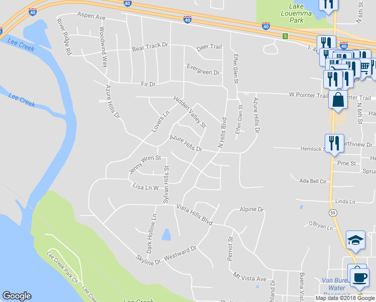 map of restaurants, bars, coffee shops, grocery stores, and more near 605 Azure Hills Drive in Van Buren