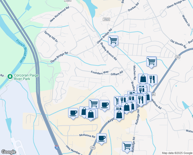 map of restaurants, bars, coffee shops, grocery stores, and more near 60 Founders Way in Arden