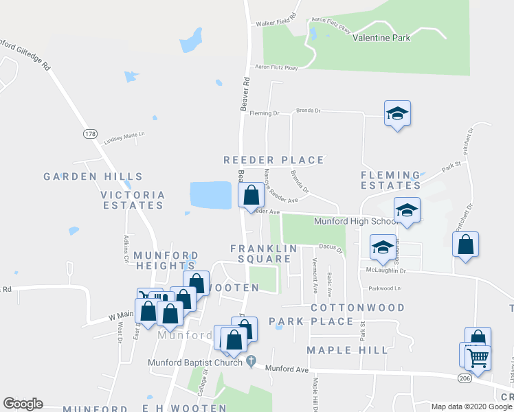 map of restaurants, bars, coffee shops, grocery stores, and more near 52 Reeder Avenue in Munford