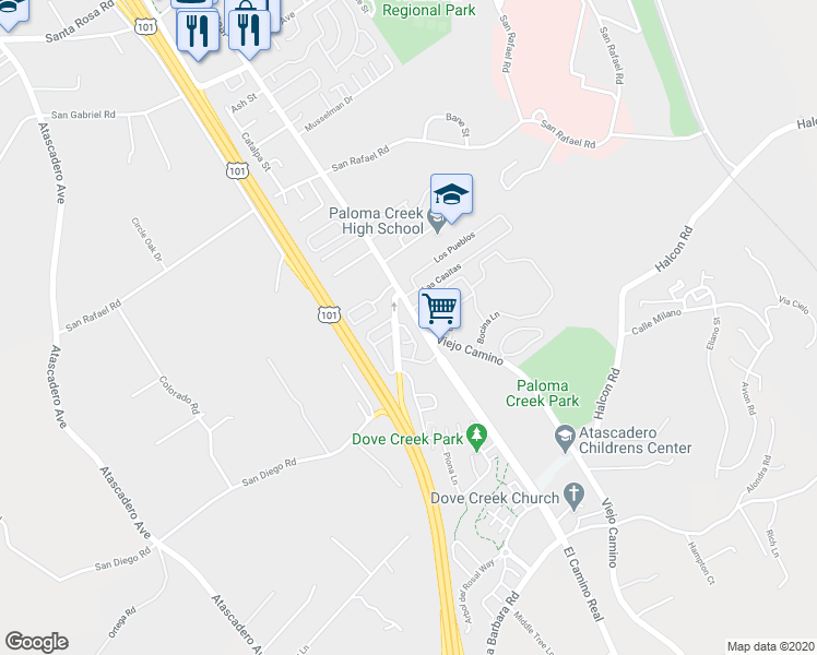 map of restaurants, bars, coffee shops, grocery stores, and more near 206 Seville Lane in Atascadero