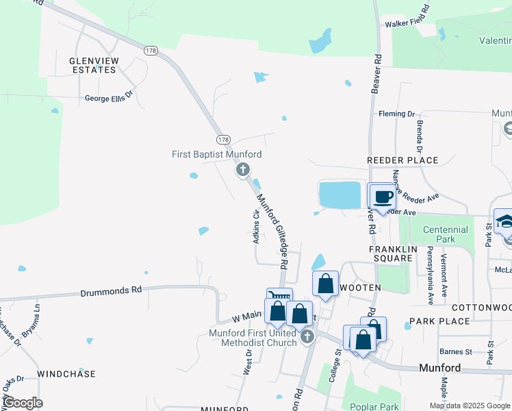 map of restaurants, bars, coffee shops, grocery stores, and more near 299 Adkins Circle in Munford