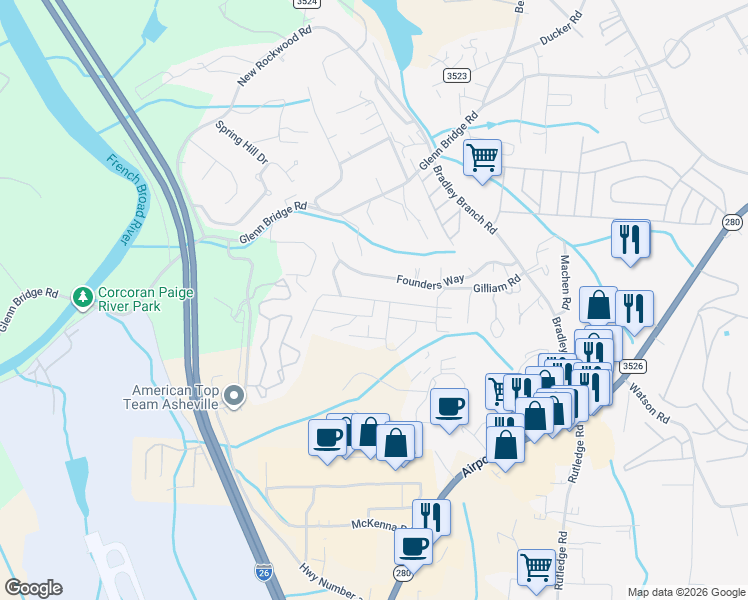 map of restaurants, bars, coffee shops, grocery stores, and more near 32 Sunny Meadows Boulevard in Arden