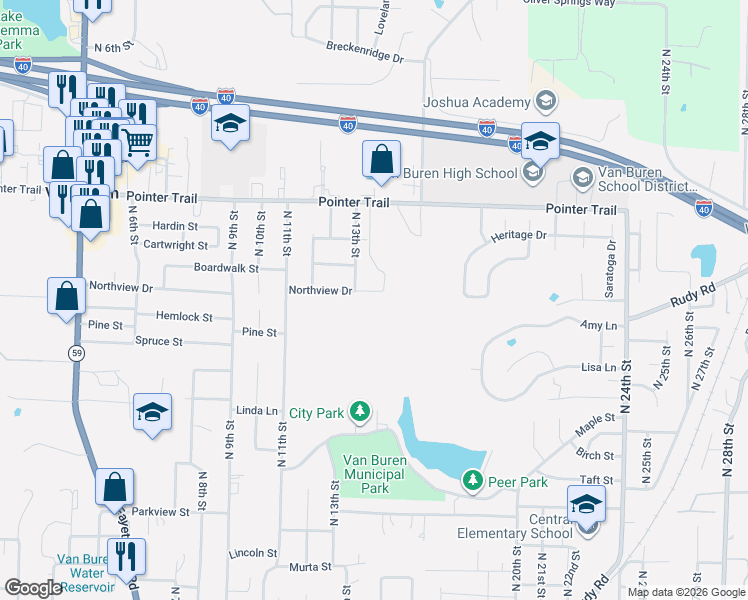 map of restaurants, bars, coffee shops, grocery stores, and more near 1402 Northview Drive in Van Buren