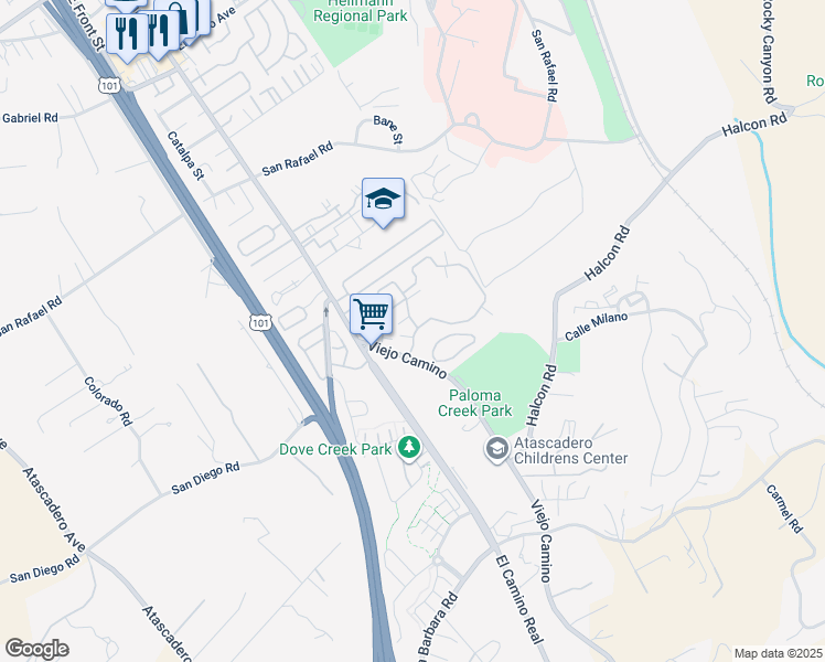 map of restaurants, bars, coffee shops, grocery stores, and more near 9315 Rivera Lane in Atascadero