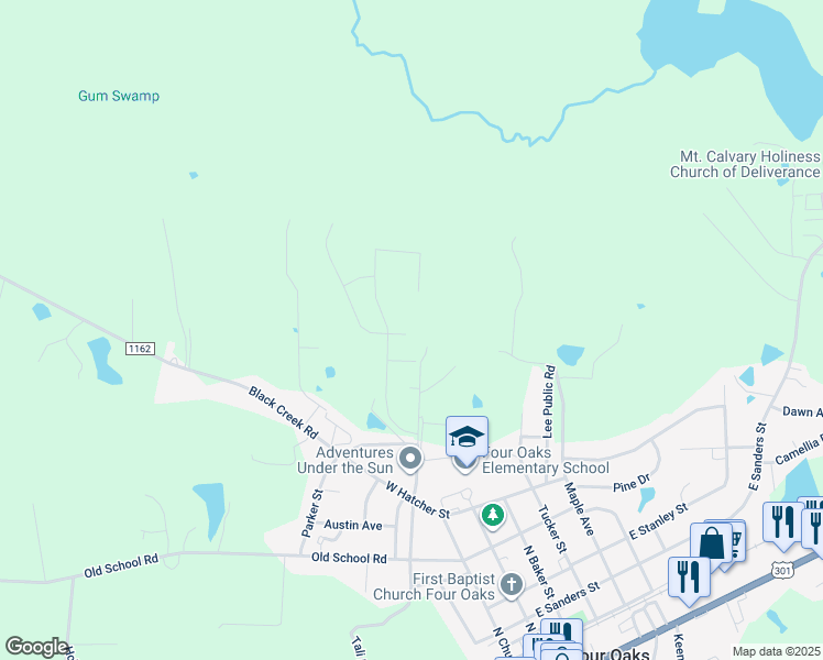 map of restaurants, bars, coffee shops, grocery stores, and more near 47 Shortstop Circle in Four Oaks