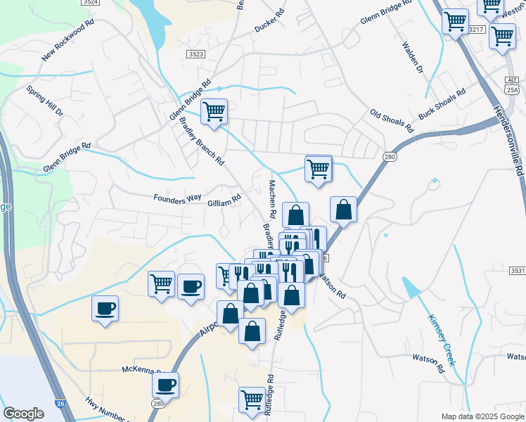map of restaurants, bars, coffee shops, grocery stores, and more near 82 Bradley Branch Road in Arden