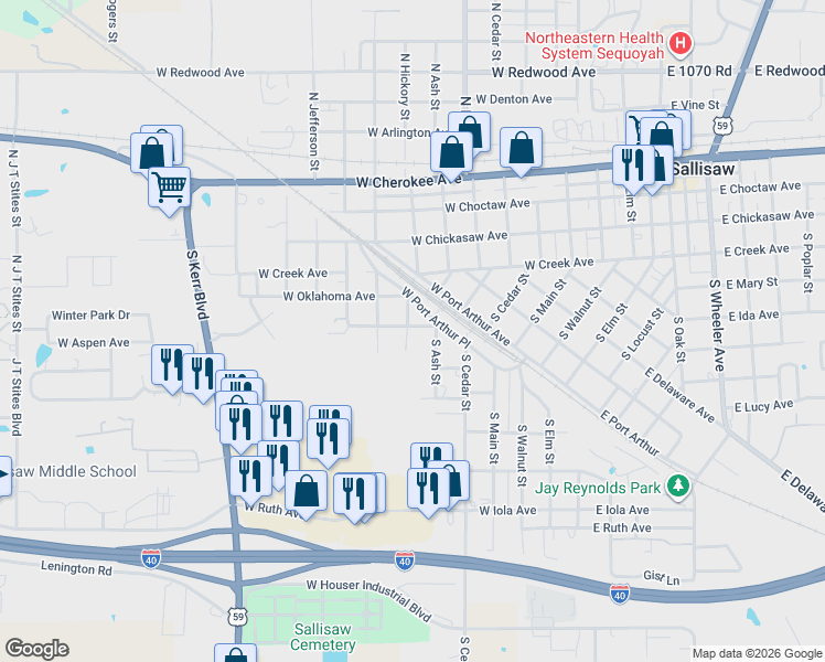 map of restaurants, bars, coffee shops, grocery stores, and more near 606 West Port Arthur Place in Sallisaw