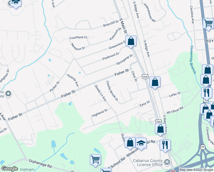 map of restaurants, bars, coffee shops, grocery stores, and more near 2632 Thistle Brook Drive in Concord