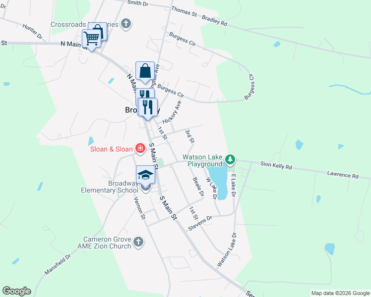 map of restaurants, bars, coffee shops, grocery stores, and more near 212 1st Street in Broadway