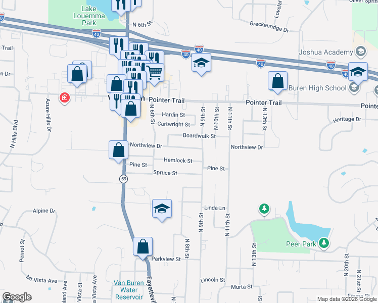 map of restaurants, bars, coffee shops, grocery stores, and more near 803 Northview Drive in Van Buren