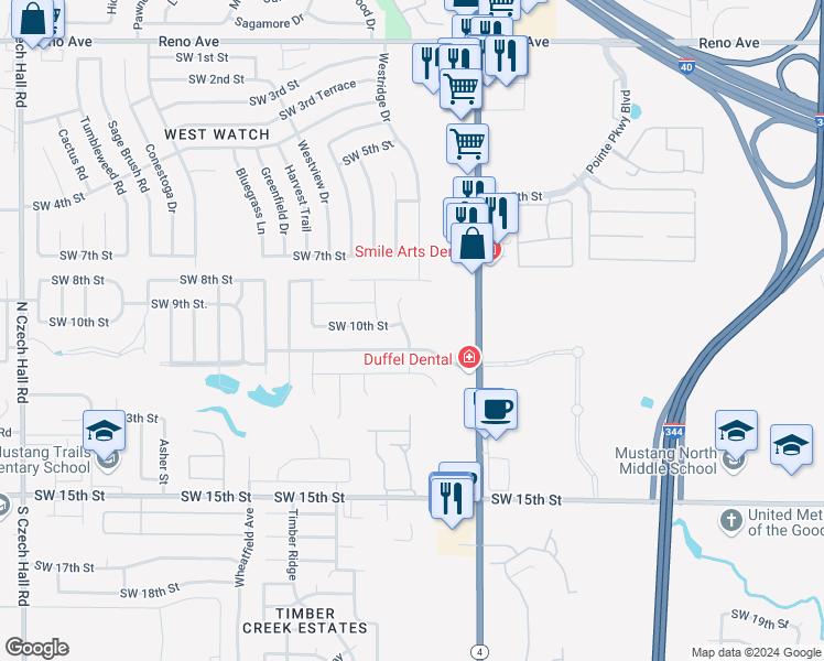 map of restaurants, bars, coffee shops, grocery stores, and more near 1021 Westridge Drive in Yukon