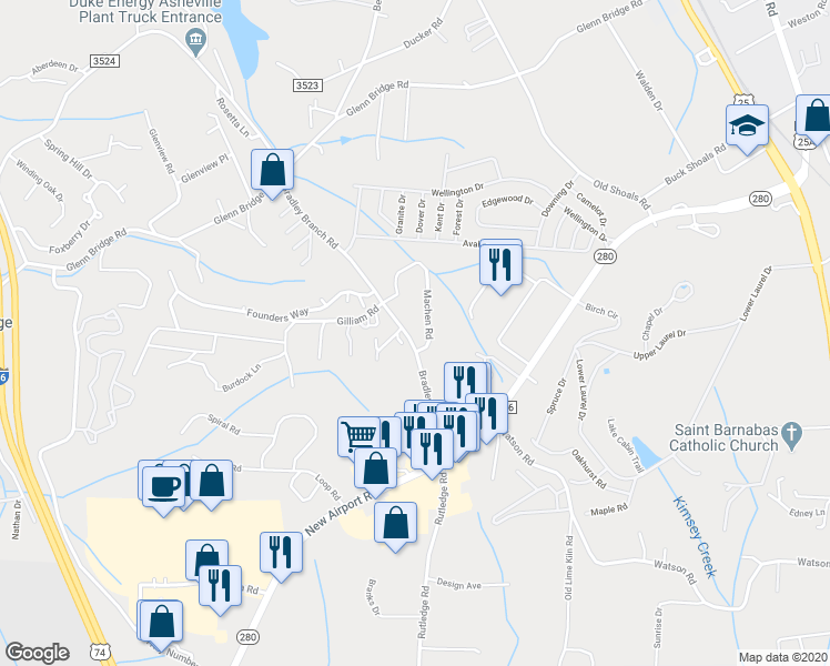 map of restaurants, bars, coffee shops, grocery stores, and more near 82 Bradley Branch Road in Arden