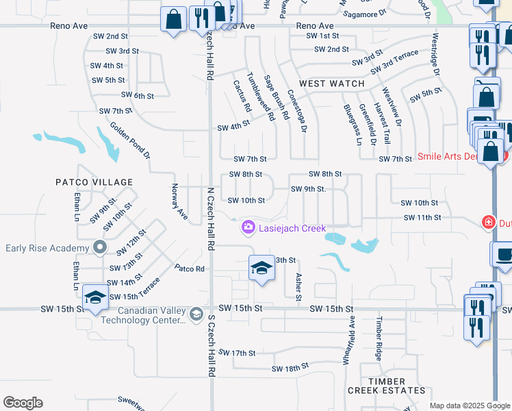map of restaurants, bars, coffee shops, grocery stores, and more near 1012 Cimarron Creek Drive in Yukon