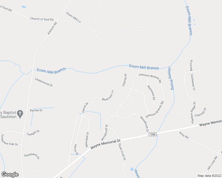 map of restaurants, bars, coffee shops, grocery stores, and more near 203 Bluecrest Lane in Goldsboro