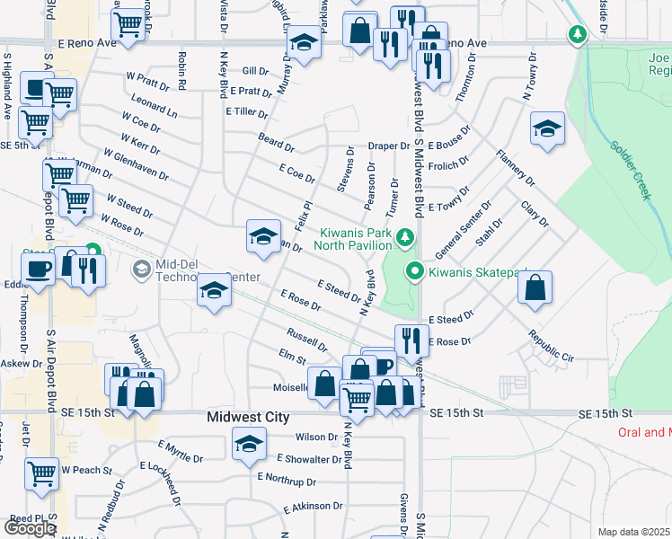 map of restaurants, bars, coffee shops, grocery stores, and more near 326 East Jarman Drive in Midwest City