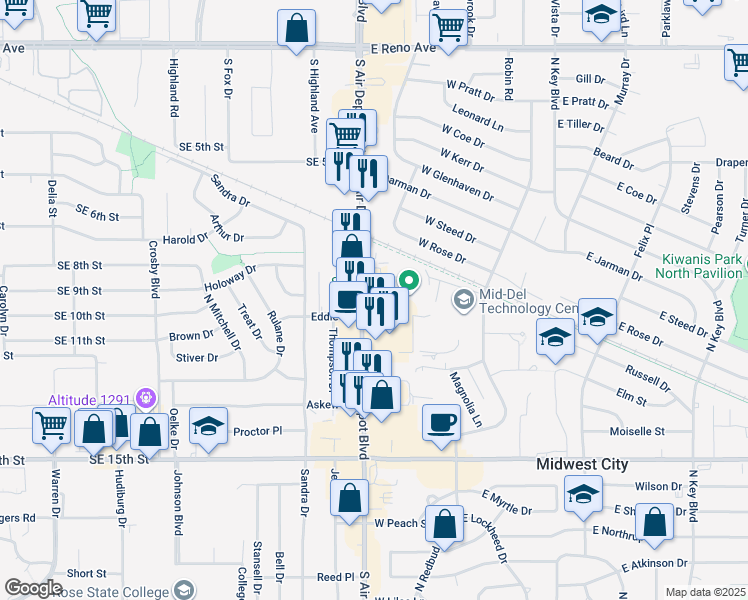 map of restaurants, bars, coffee shops, grocery stores, and more near 900 South Air Depot Boulevard in Midwest City