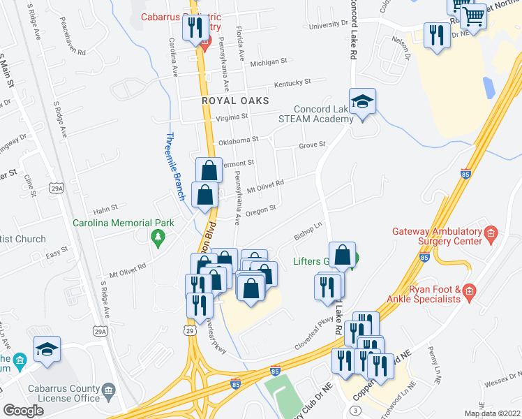 map of restaurants, bars, coffee shops, grocery stores, and more near 911A Oregon Street in Kannapolis