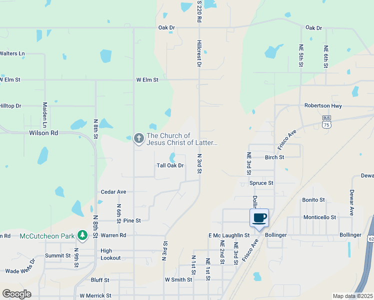 map of restaurants, bars, coffee shops, grocery stores, and more near 1510 Hillcrest Drive in Henryetta